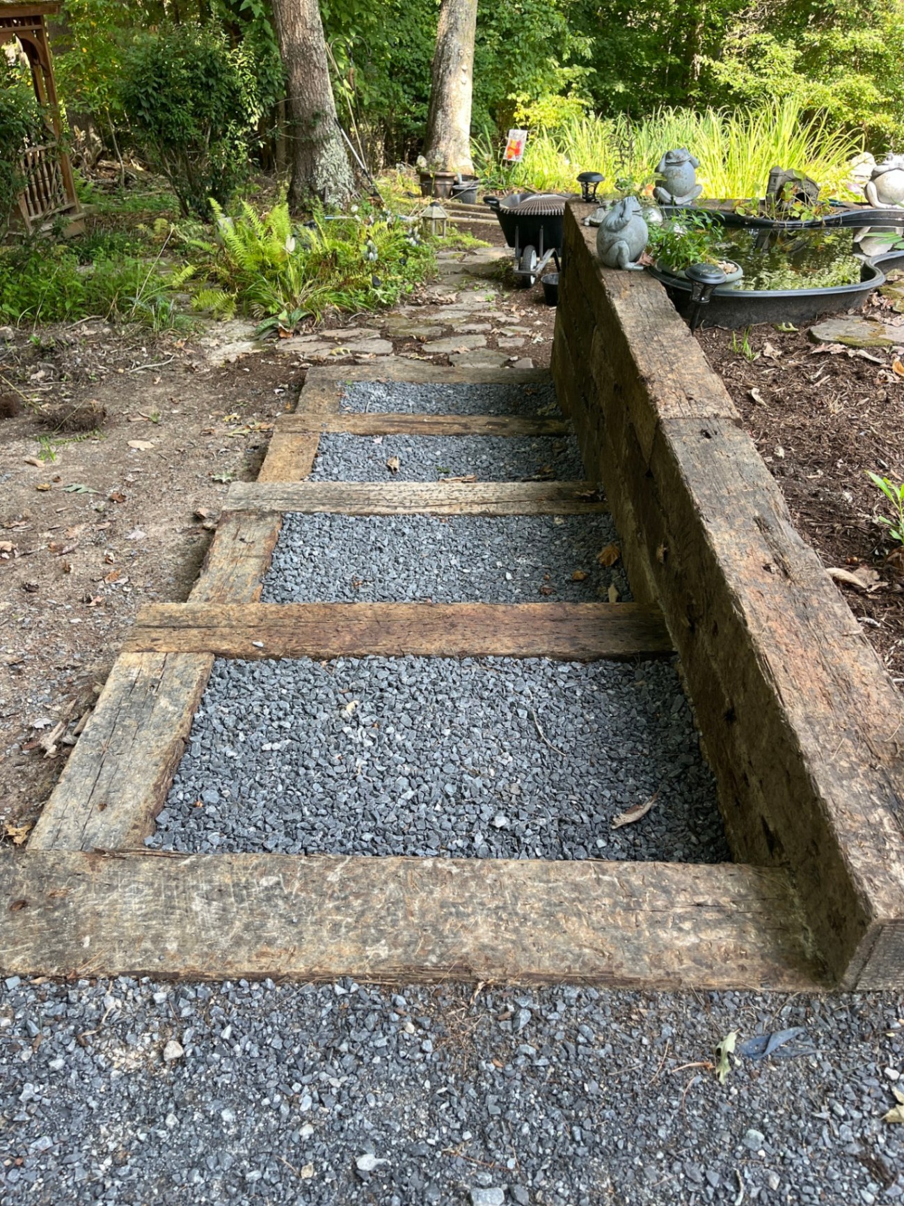 Rustic timber and gravel garden steps