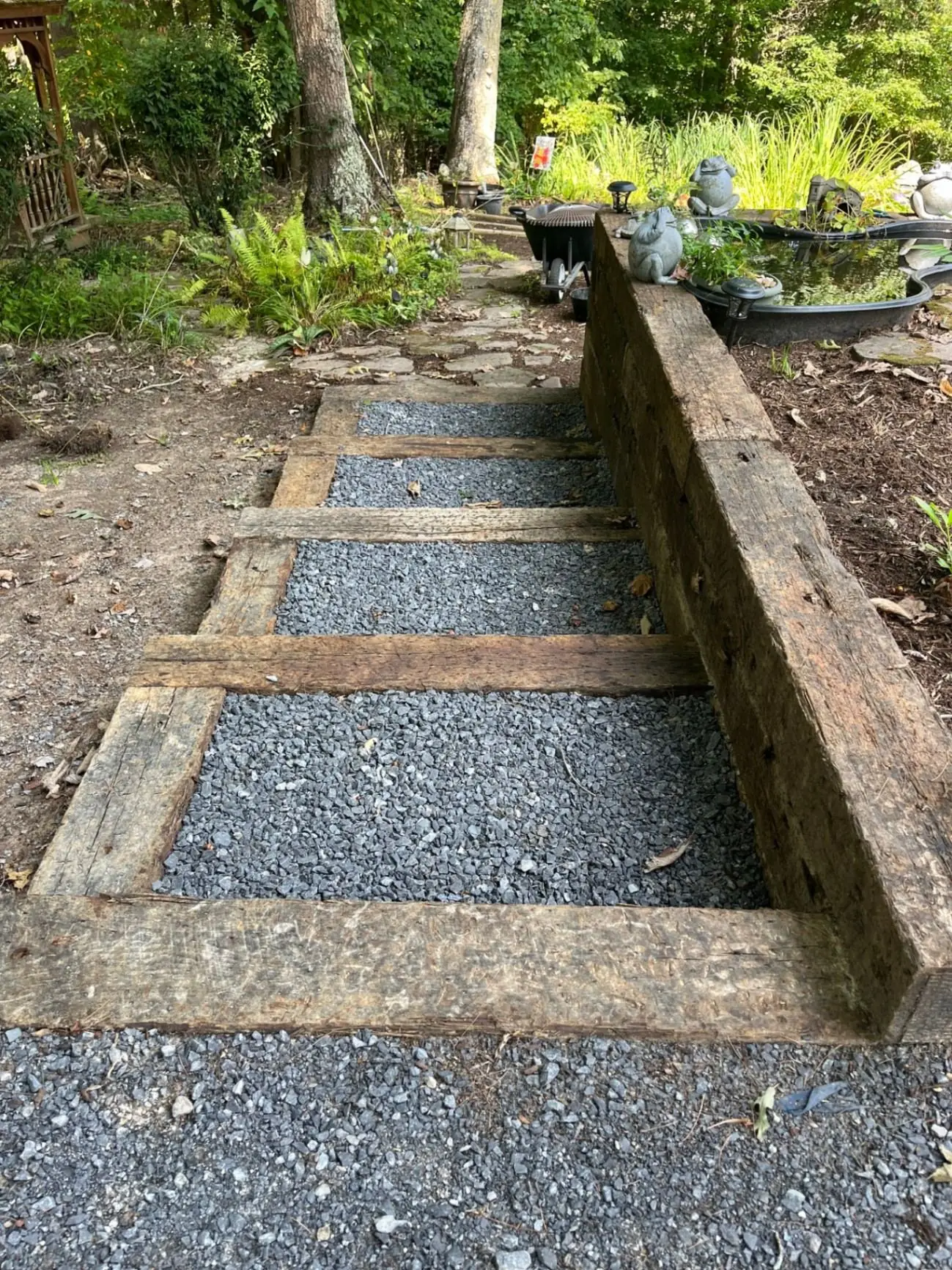 Rustic timber and gravel garden steps