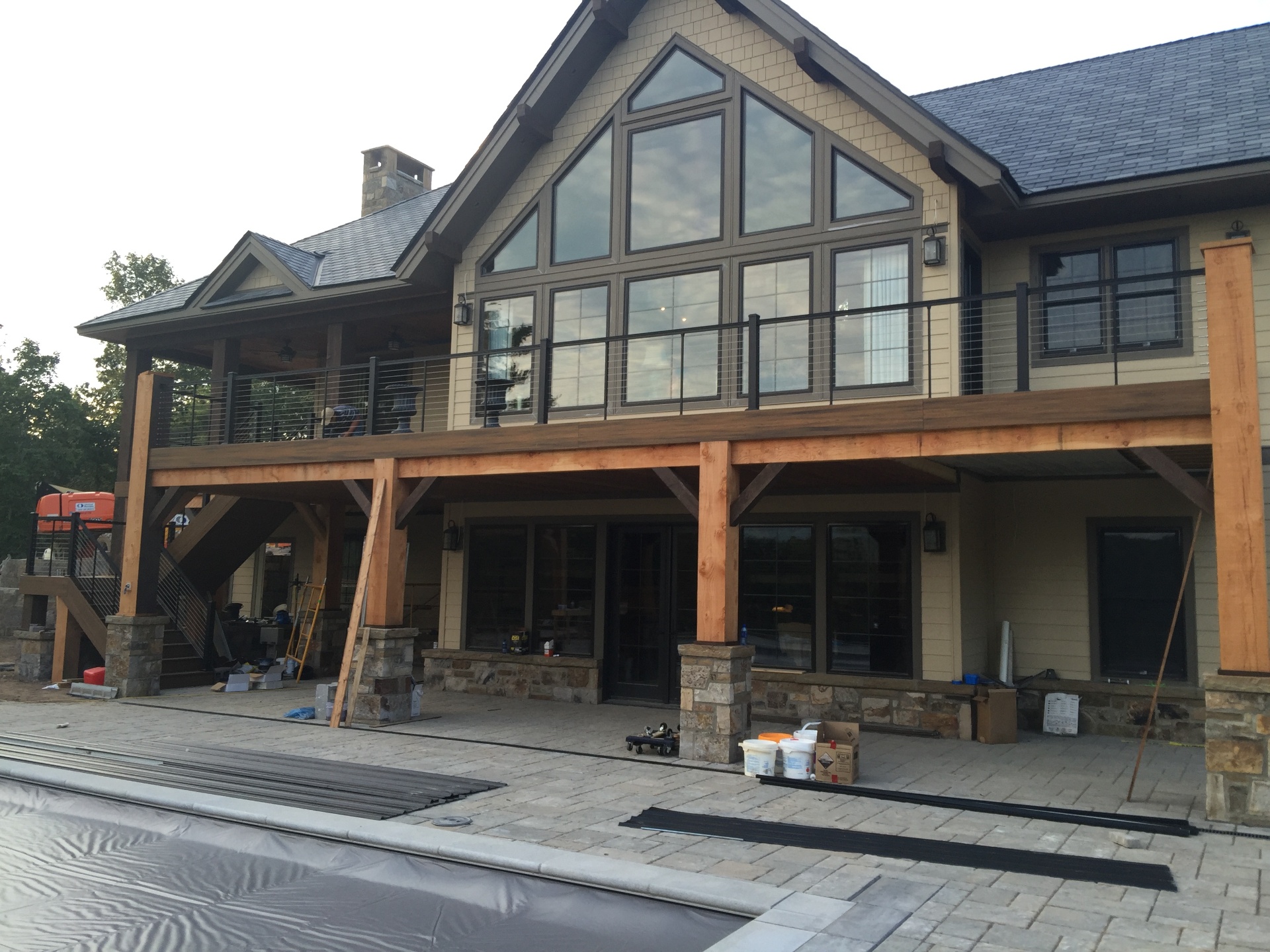 Large timber frame home with upper deck